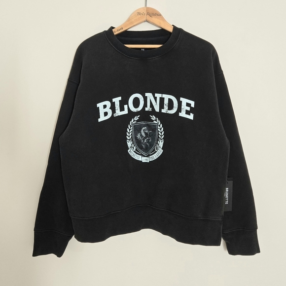 BRUNETTE The Label "BLONDE" Distressed Varsity Sweatshirt - Picture 2 of 5